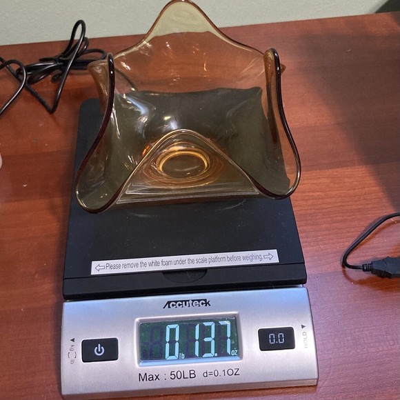 Vintage MCM Amber Handkerchief Ruffled Pinched Art Glass Bowl, Mid Century - Picture 10 of 11